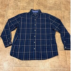 Chaps Mens Plaid Long Sleeve Button Down Shirt Stretch Easy Care Navy Blue XL